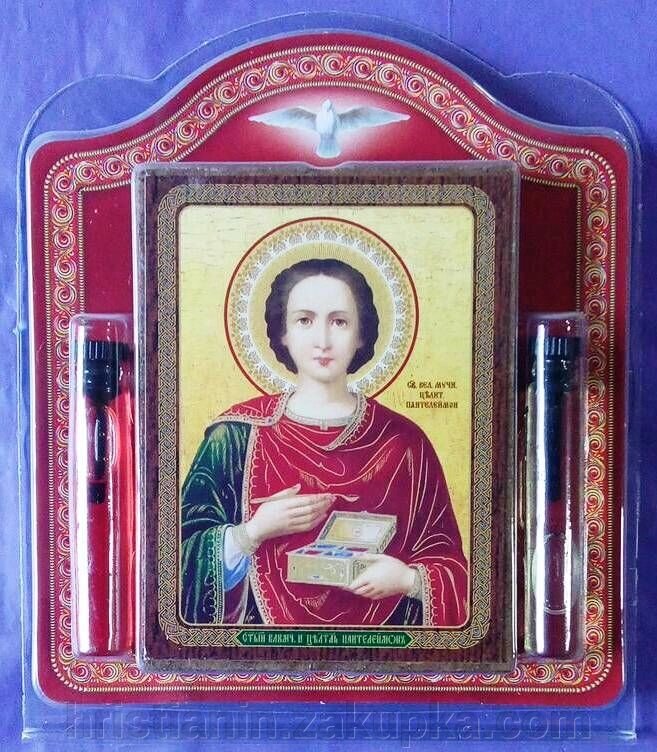 Набір святинь: Ікона Пантелеймона Цілителя + два масла від компанії ІНТЕРНЕТ МАГАЗИН "ХРИСТИЯНИН" церковне начиння - фото 1
