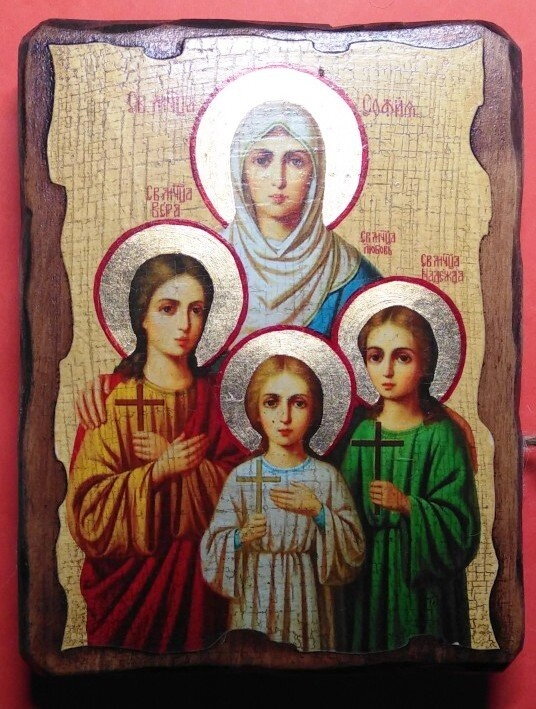 Ікона на дереві "під старовину" "Віра, Надія, Любов та Софія" 13х17 — фото 1