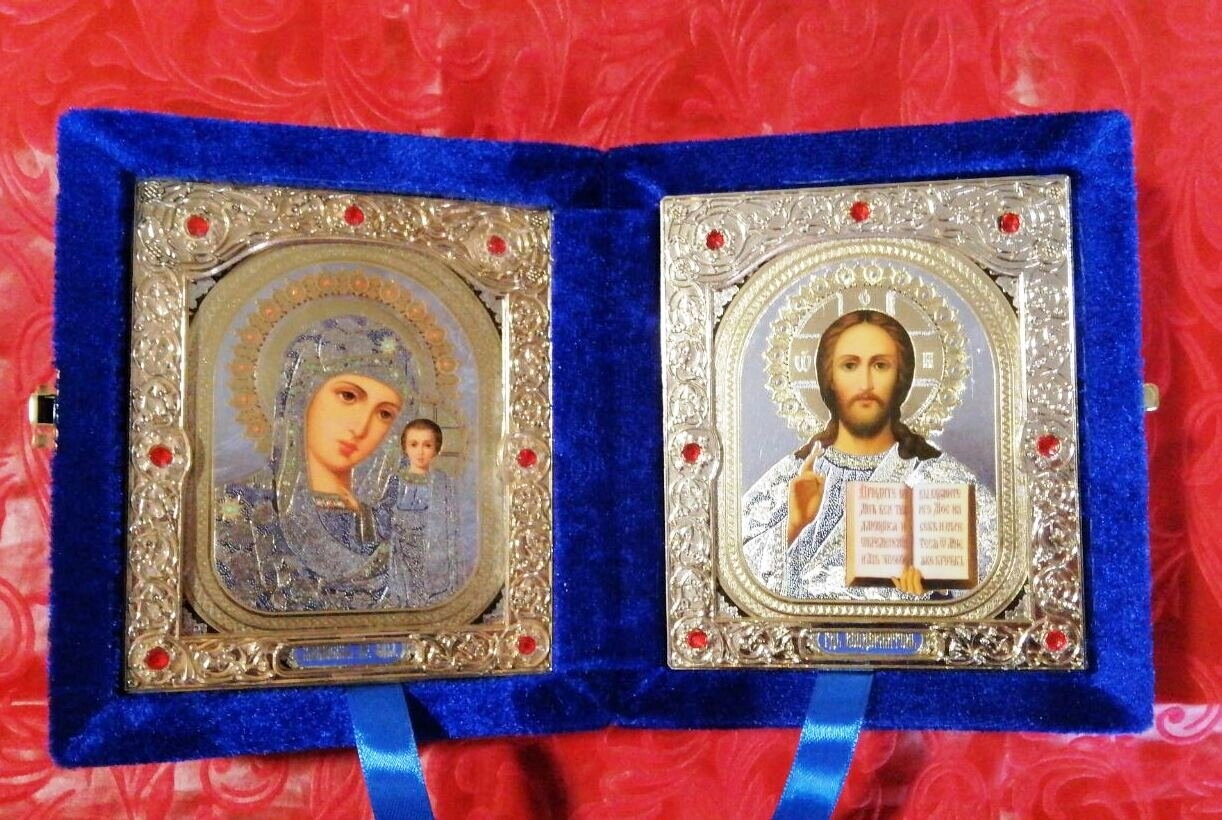 Складень синій оксамитовий , з іконами що виймаються, 10х12 см. — фото 1