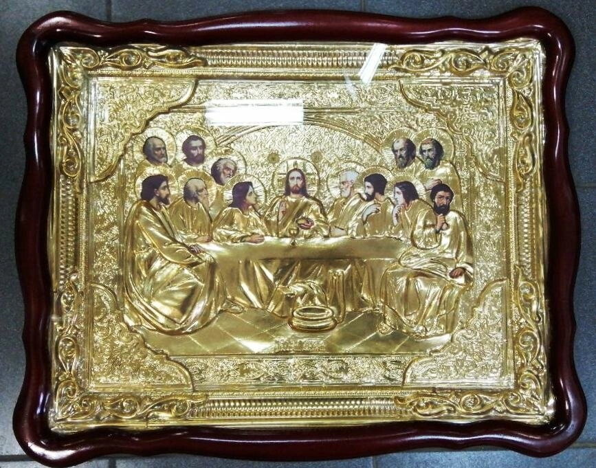 Ікона в дерев'яному фігурному кіоті, «Таємна вечеря», 50х63 в ризах золото — фото 1
