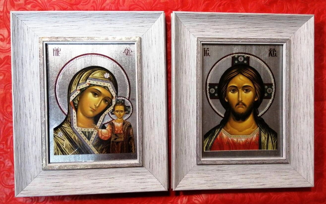 Ікони пара Спаситель + Казанська, візантія в багеті + камені Сваровськи, 23х28 — фото 1