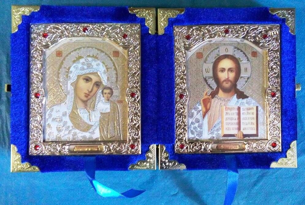 Складення Оксамитовий, синій, зі стразами і іконами, що виймають іконамі 10х12 см — фото 1