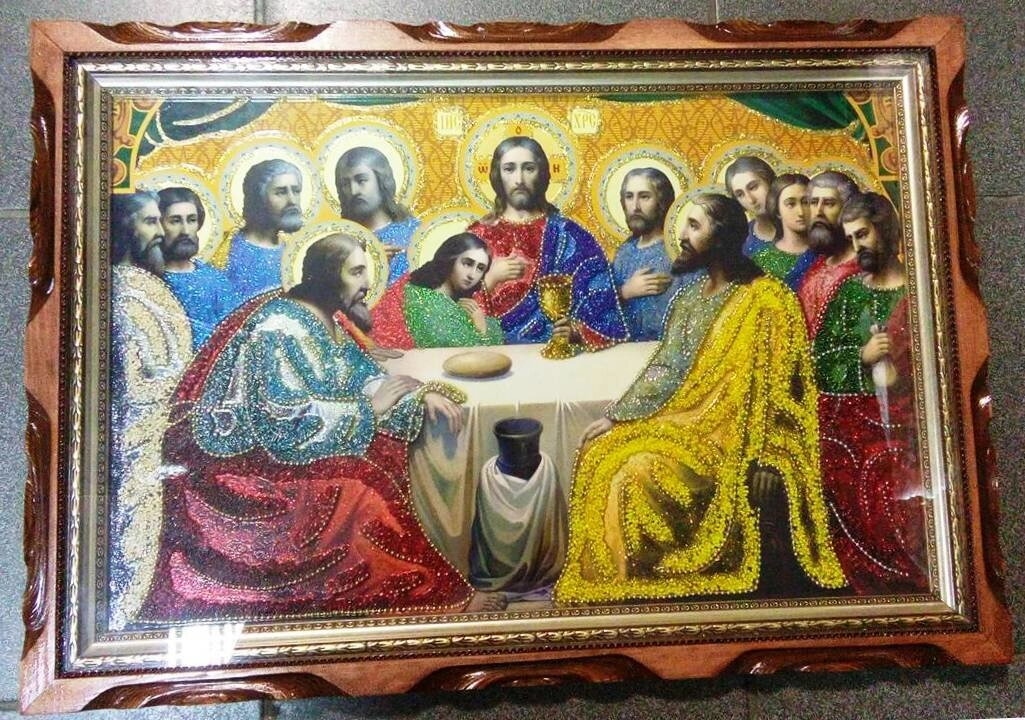 Ікона в дерев'яному різьбленому кіоті, з бісером, «Таємна вечеря», 42х60 — фото 1