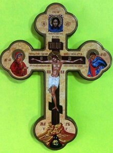 Хрест настінний дерев'яний + поліграфія фігурний з святими, 13х18