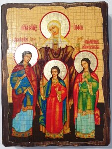 Ікона на дереві "Під старими часами" "Віра, надія, любов і Софія" 13х17