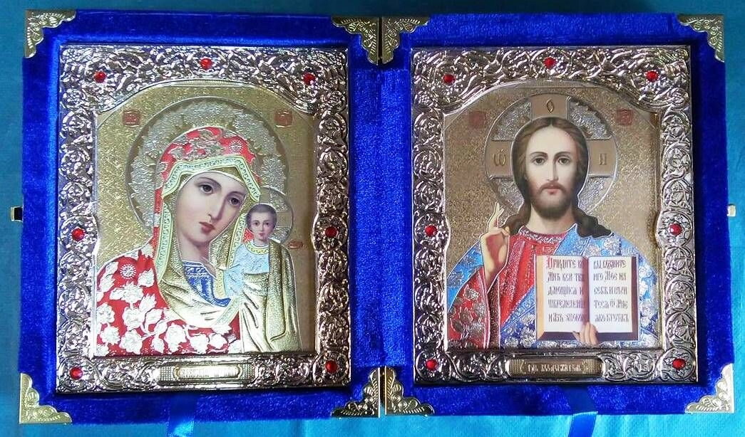 Складень оксамитовий, синій, з іконами що виймаються, 15х18 см. — фото 1