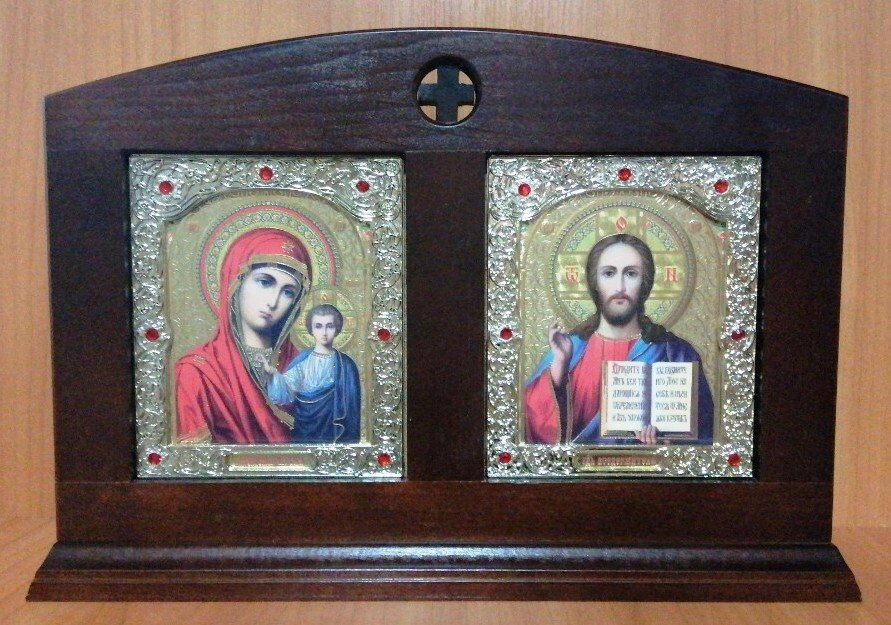 Іконостас на підставці лик 10х12 Із золотим окладом. Спаситель + Казанська емаль — фото 1