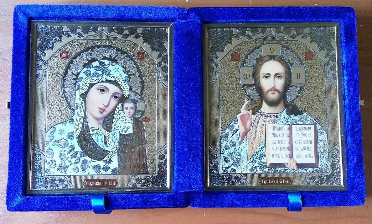 Складень оксамитовий синій, з іконами що виймаються, 15х18 см — фото 1