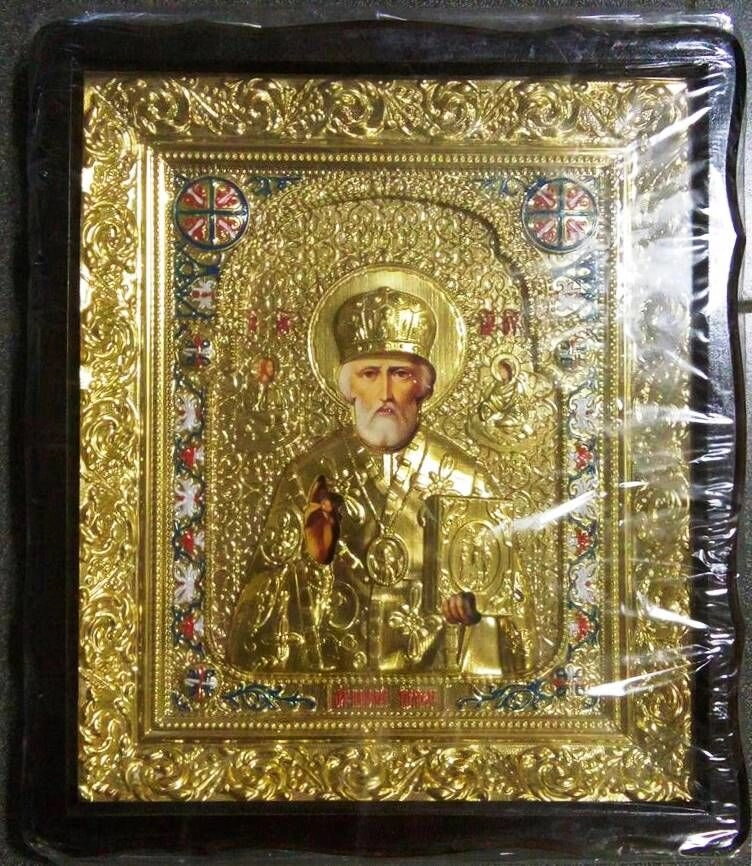 Ікона в дерев'яному фігурному кіоті + риза з емаллю, "Микола" — фото 1