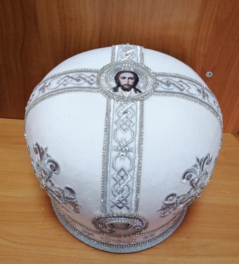 Митра вишита з камінням, біла — мініатюра 2