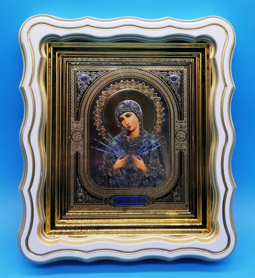 Ікона Сімистрільна, фігурній дерев'яний кіот з патиною, зі склом. У середині золотий оклад. 26х29х5 см. — фото 1
