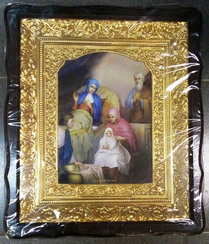 Ікона в дерев'яному фігурному кіоті + полуріза кольорова, "Різдво Богородиці" — фото 1