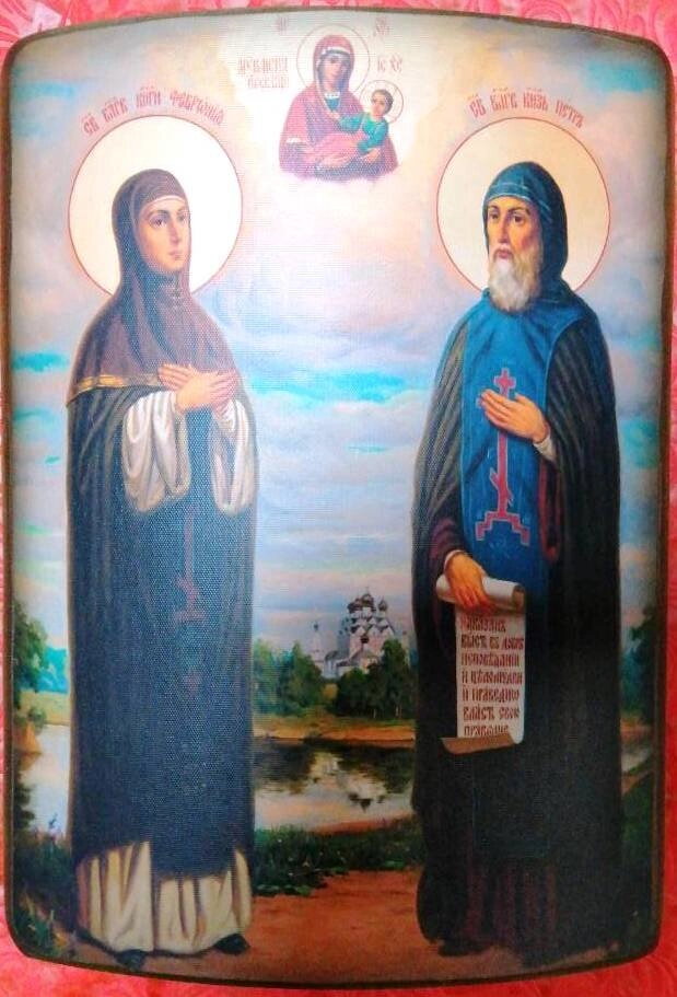 Ікона вигнутий під старовину, ДСП + полотно, "Петро і Февронія" — фото 1