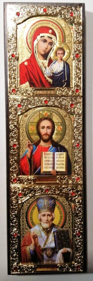 Вертикальний Трійник 370 х 110мм 24-В. Емаль. Дерев'яний темний кіот з золотим окладом — фото 1