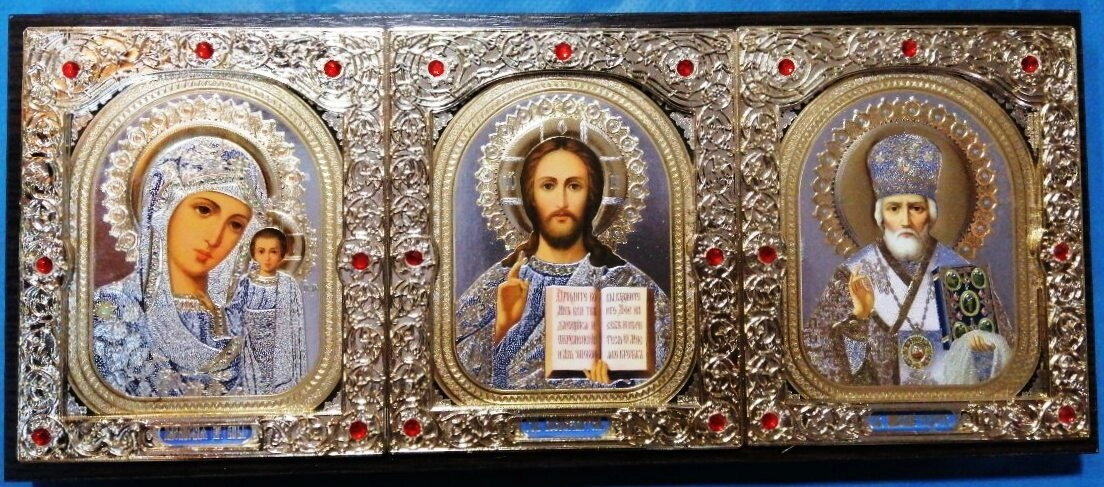 Горизонтальний Трійник 310х130 мм. 24-Г. Візерунок. Дерев'яний темний кіот з золотим окладом — фото 1
