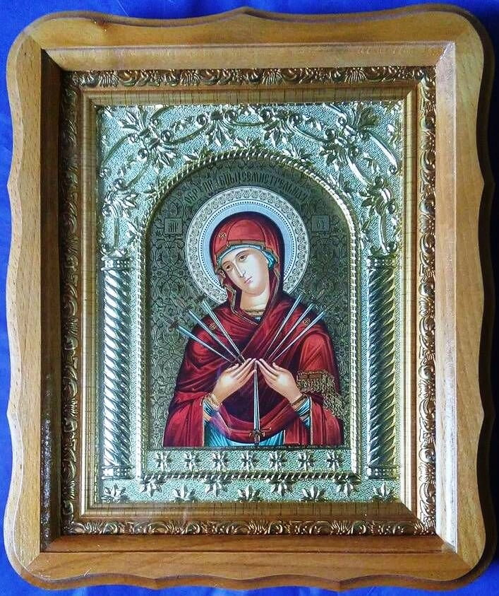 Ікона в дерев'яному фігурному кіоті зі вставкою, "Семистрільна", 20х25 — фото 1
