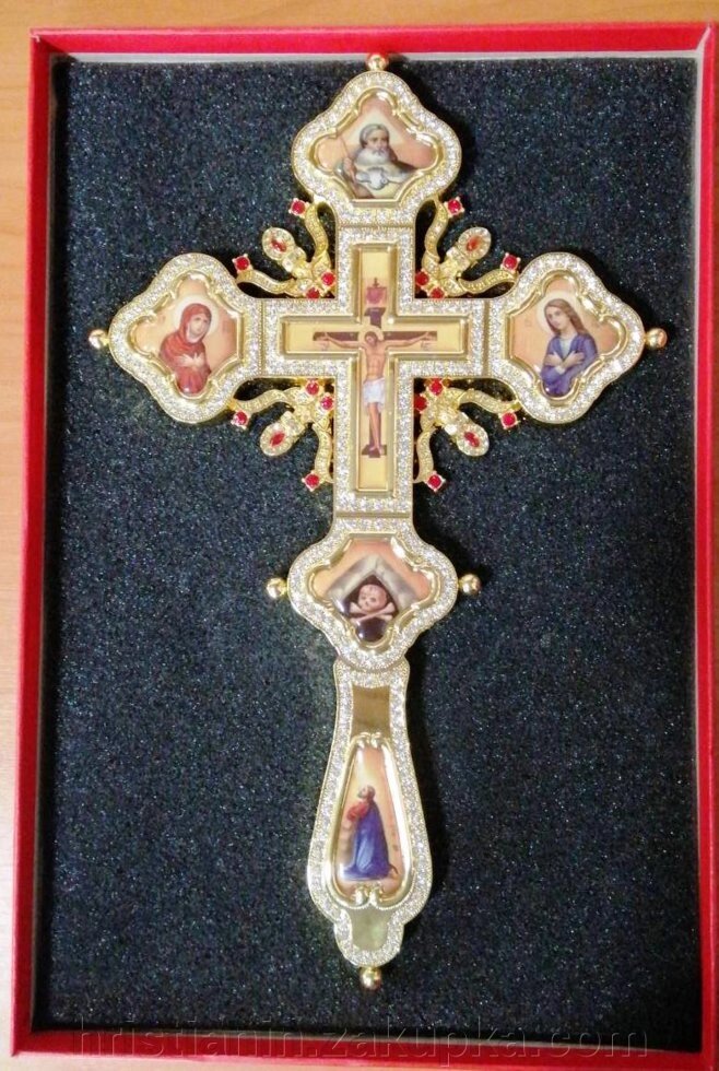 Хрест напрестольний металевий з ликами, золочення, камені 19х30 см - роздріб
