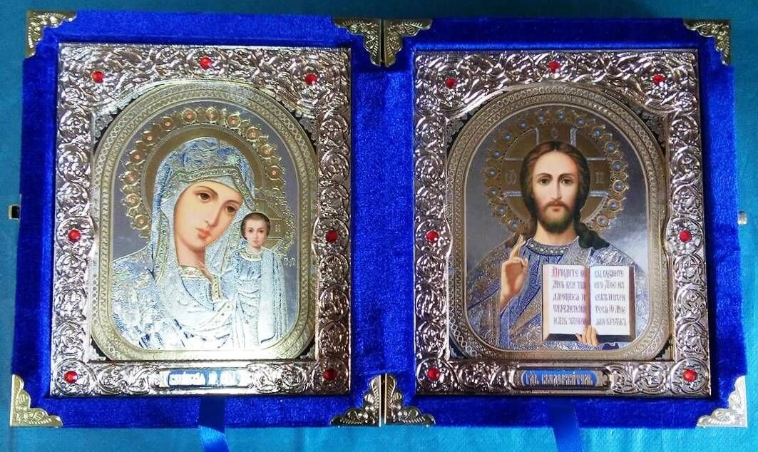 Складень оксамитовий, синій, з іконами що виймаються, 15х18 см. — фото 1