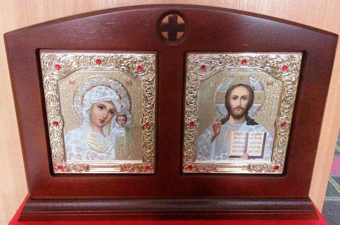 Іконостас на підставці лик 10х12, з золотим окладом. Спаситель + Казанська — фото 1