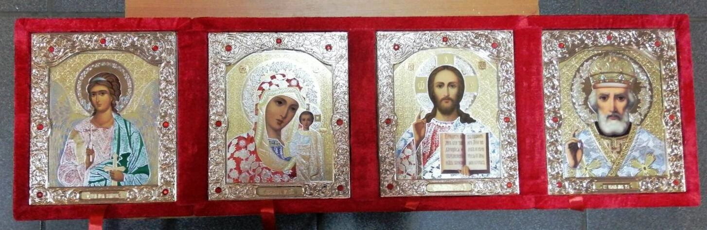 Складень оксамитовий, червоний, четвертний, з іконами що виймаються + стрази — фото 1