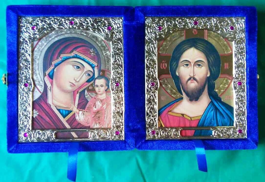 Складень оксамитовий синій, з іконами, що виймаються + стрази, 15х18 см. — фото 1