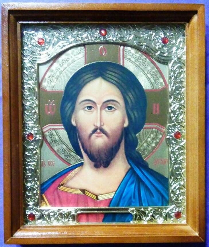 Ікона "Спаситель" Візантія, прямий дерев'яний темний кіот розміром 170х200х25 мм, зі склом з золотим окладом з камінням — фото 1