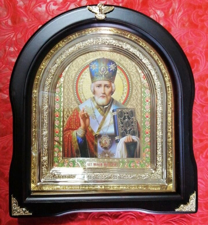 Ікона в дерев'яній рамі "Арка" в подарунковій коробці, Микола — фото 1