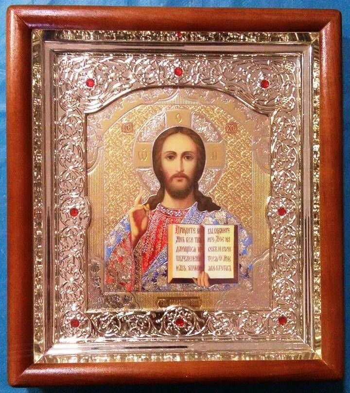 Ікона "Спаситель", кольоровий одяг. Прямий дерев'яний кіот розміром 240x270x45 мм зі склом. — фото 1