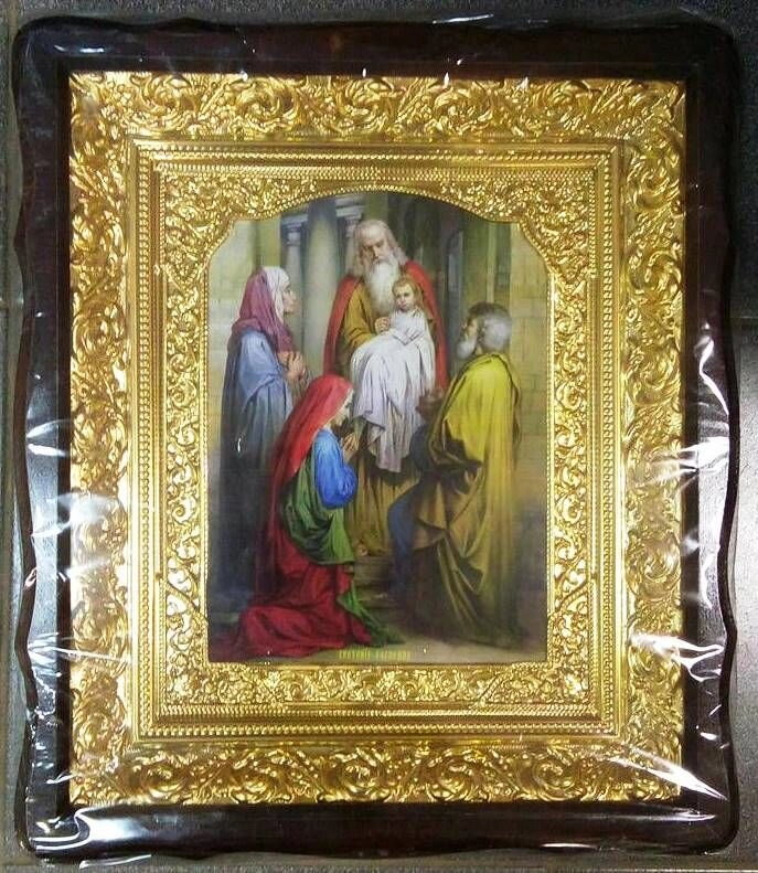 Ікона в дерев'яному фігурному кіоті + напівріза кольорова, "Стрітення Господнє" — фото 1