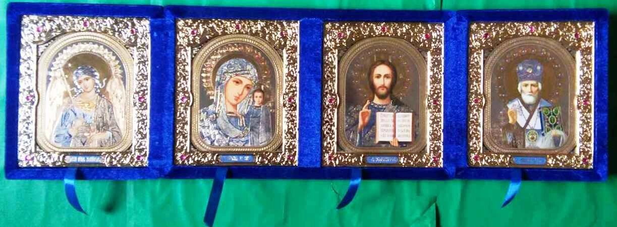 Складень оксамитовий, синій, четвертний, з іконами що виймаються + стрази — фото 1