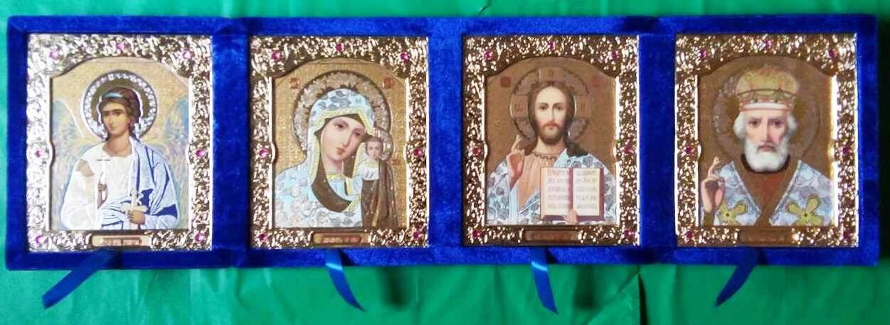 Складень оксамитовий, синій, четвертний, з іконами що виймаються + стрази — фото 1