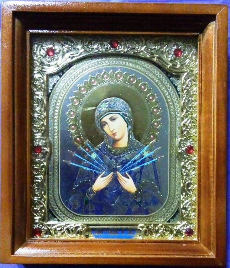 Ікона "Семістрільна" зі склом з золотим окладом з камінням — фото 1