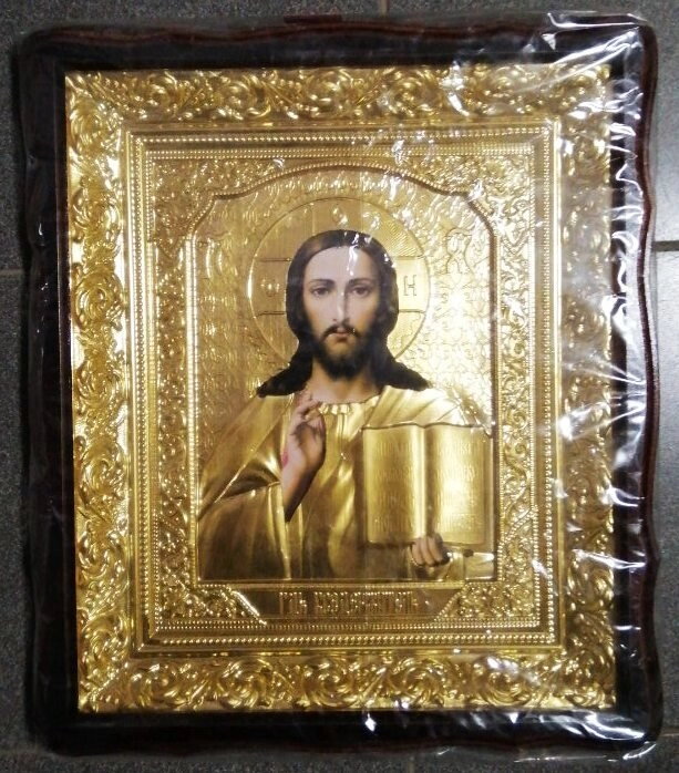 Ікона в дерев'яному фігурному кіоті + риза, "Спаситель" — фото 1
