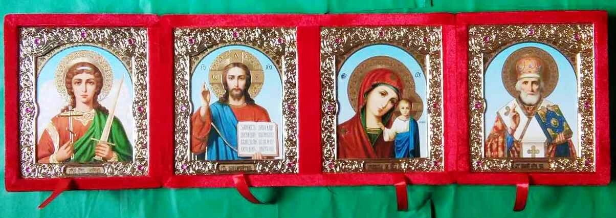 Складень оксамитовий, червоний, четвертний, з іконами що виймаються + стрази — фото 1