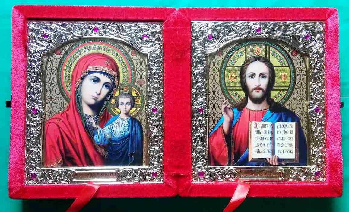 Складень оксамитовий червоний, з іконами, що виймаються + стрази, 15х18 см. — фото 1