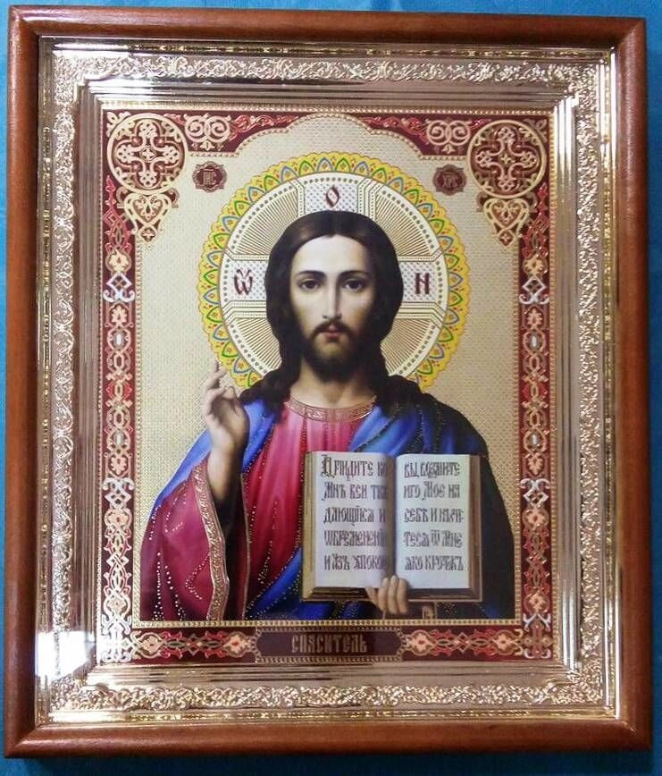 Ікона "Спаситель", 23-П, прямий дерев'яний кіот розміром 250х290х30 мм, Із золотим окладом — фото 1