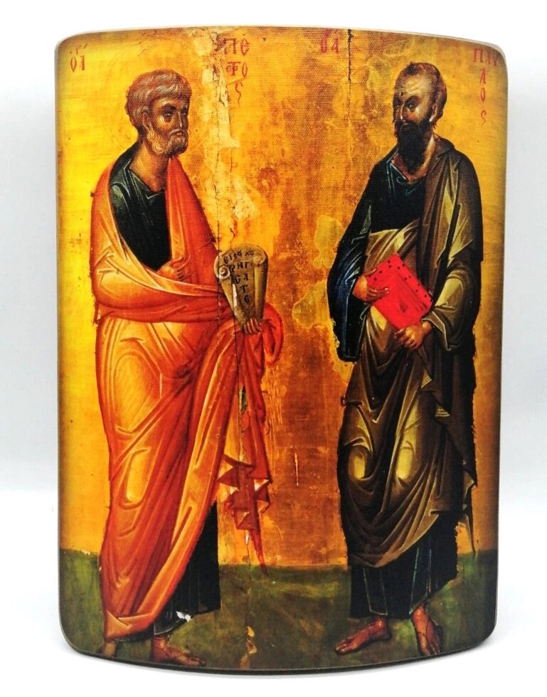 Ікона вигнута під старовину, ДСП + полотно, "Петро та Павло" — фото 1