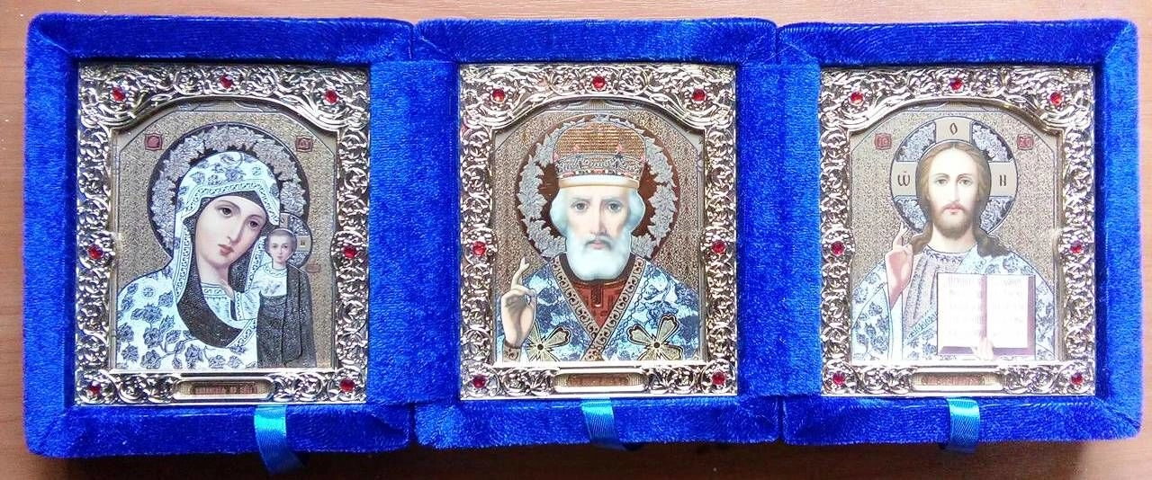 Складень оксамитовий потрійний, синій, з іконами що виймаються + стрази, 10х12 см. — фото 1