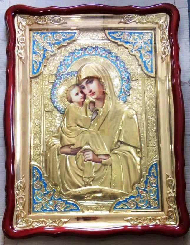 Ікона в рамі під склом фігурна «Почаївська», в ризах з емаллю — фото 1