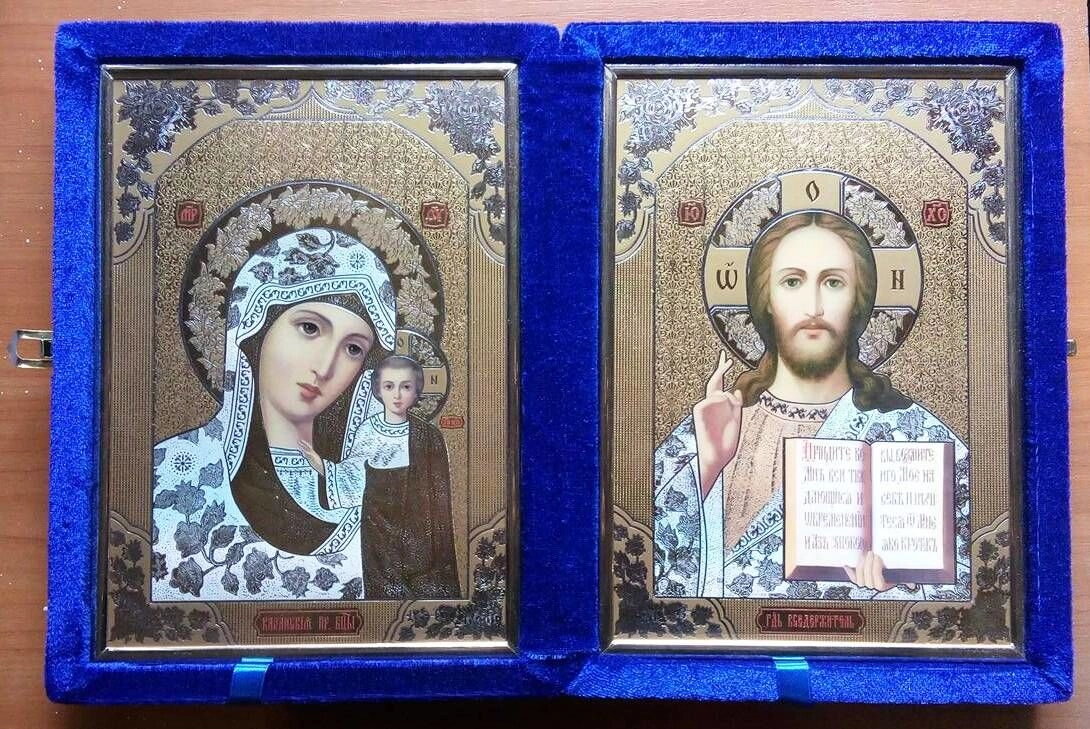 Складень оксамитовий синій, з іконами що виймаються, 17х24 см — фото 1