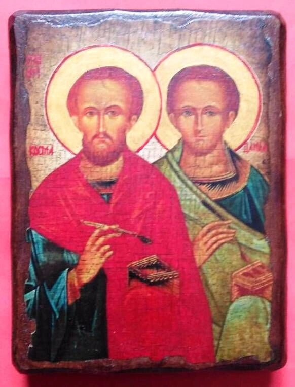 Ікона на дереві під старовину "Косма і Даміан" 13х17 см. — фото 1