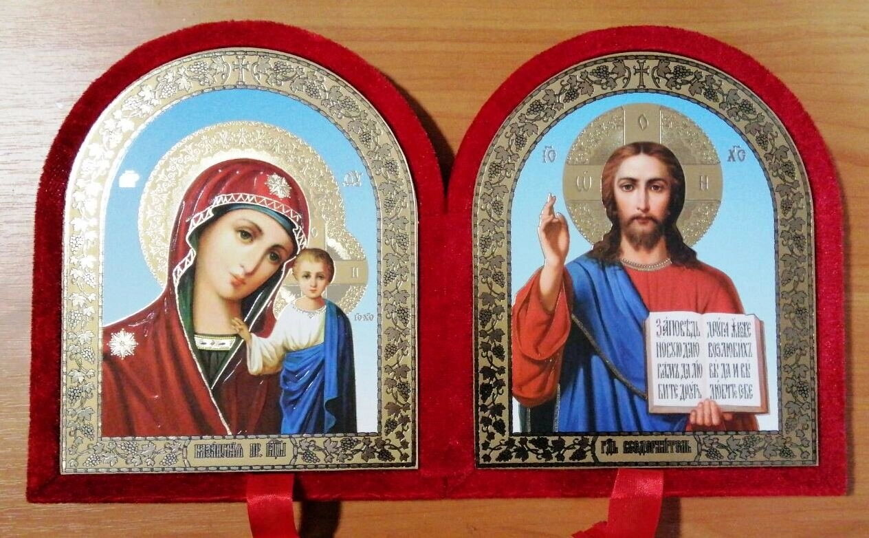 Складень арочний оксамитовий, червоний, з іконами, що виймаються, 15х18 см. — фото 1