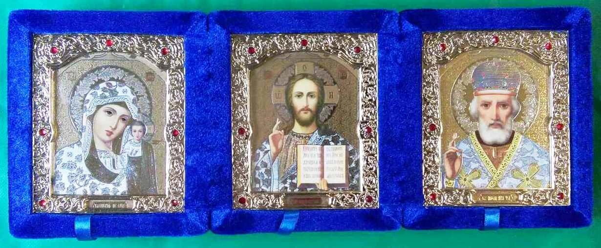 Складень оксамитовий потрійний, синій, з іконами що виймаються + стрази, 10х12 см. — фото 1