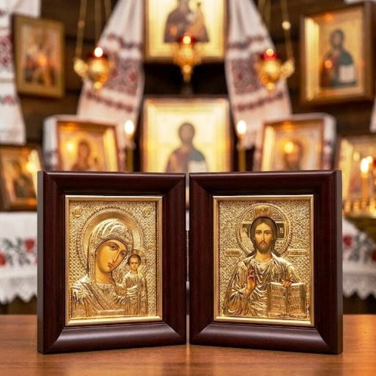 Складень багетний, з іконою в ризі, Спаситель - Казанська. — фото 1