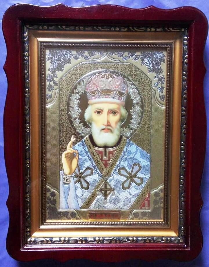 Ікона в дерев'яному фігурному кіоті + багет, софрінскій когрев "Микола", 23х30 — фото 1