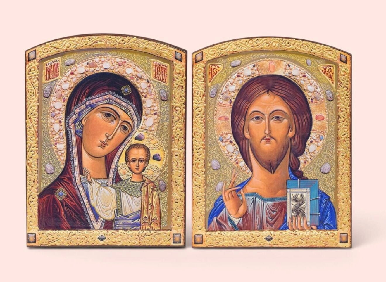 Ікона пара на дошці, «з Казанською», з декоративним росписом — фото 1