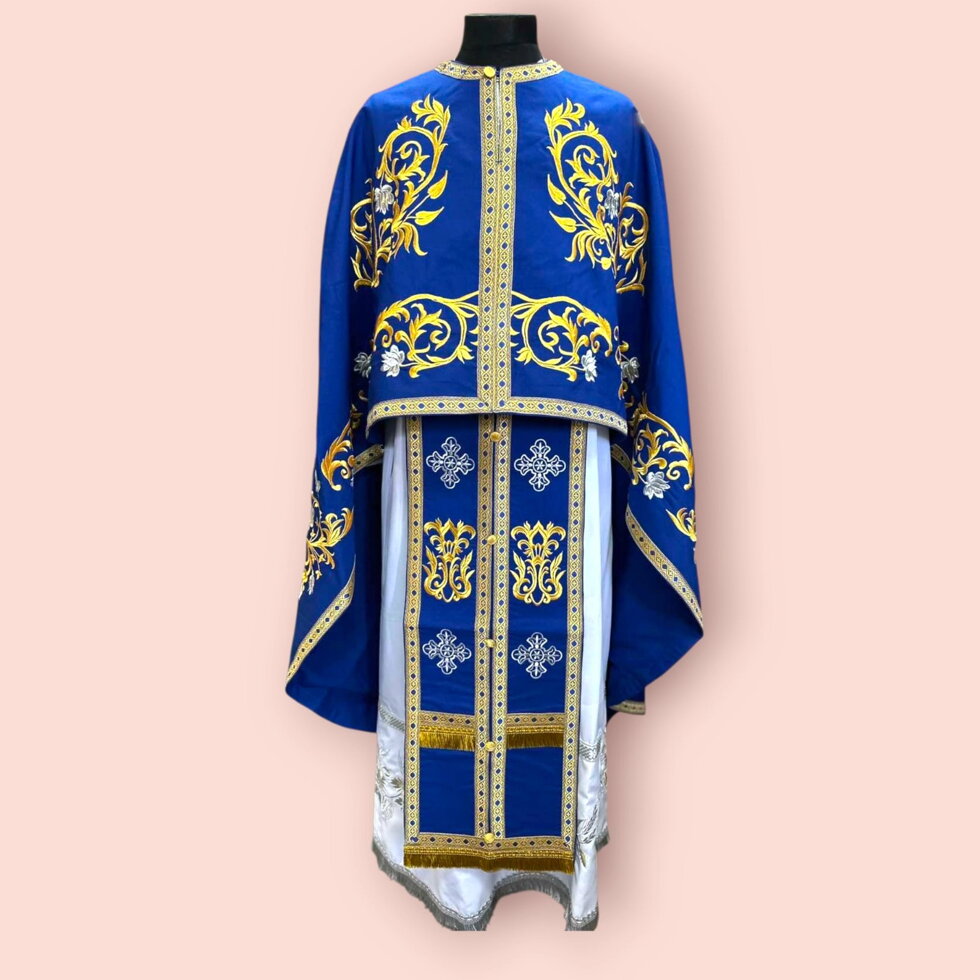 Облачення грецького крою синє, вишите на габардині, 135/52, з покрівцями — фото 1
