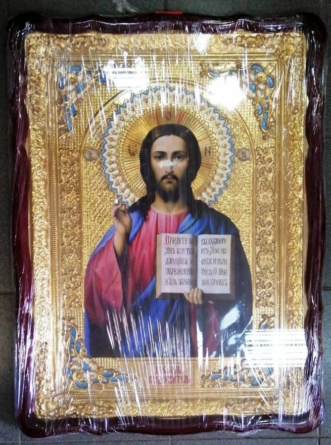 Ікона велика в рамі під склом фігурна «Спаситель», в полурізе з емаллю, 60х80 — фото 1