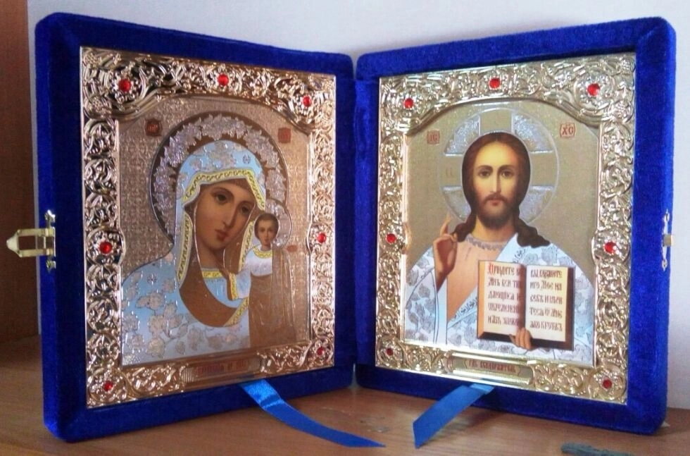Складень оксамитовий синій, з іконами, що виймаються + стрази, 15х18 см. — фото 1