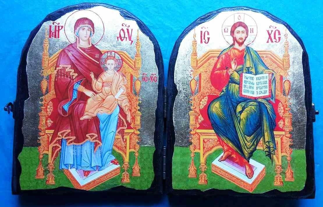 Складення дерев'яне Синайський подвійний, "Спаситель + Всецариця", в подарунковій упаковці, 23х35 — фото 1